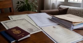 Documentos y pasaportes preparados para realizar la inscripción de un matrimonio ante autoridades españolas