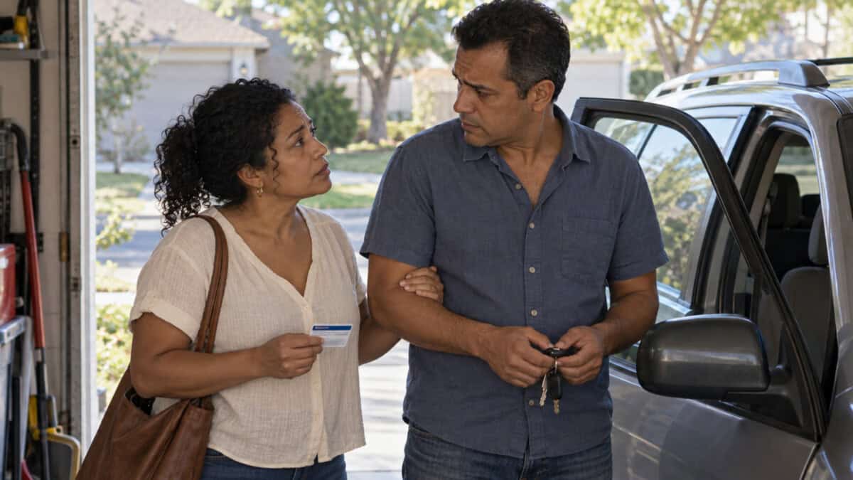 Pareja junto a un automóvil en una vivienda estadounidense; la mujer sostiene una tarjeta sanitaria y el hombre las llaves.