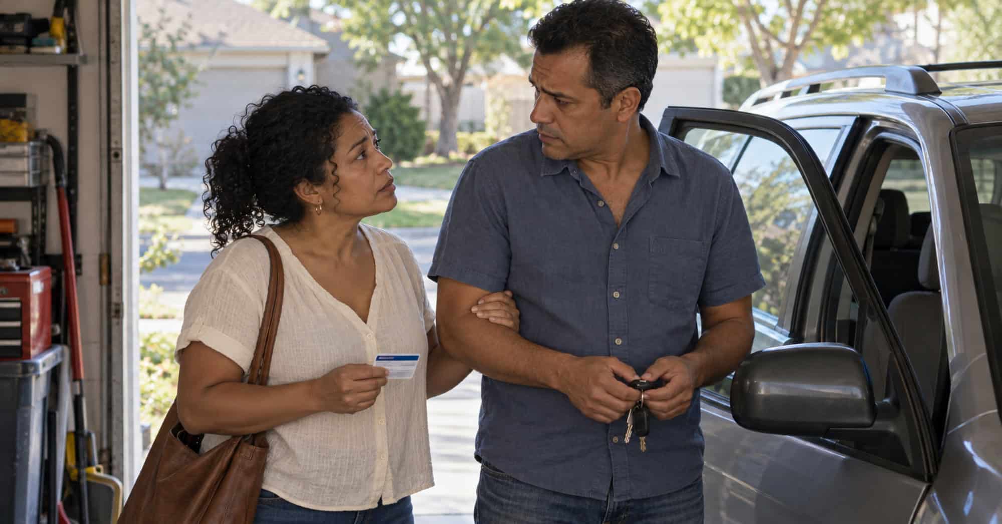 Pareja junto a un automóvil en una vivienda estadounidense; la mujer sostiene una tarjeta sanitaria y el hombre las llaves.