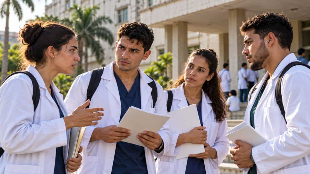 Jóvenes profesionales de la salud cubanos conversan con documentos frente a una institución sanitaria.