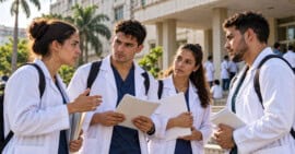 Jóvenes profesionales de la salud cubanos conversan con documentos frente a una institución sanitaria.