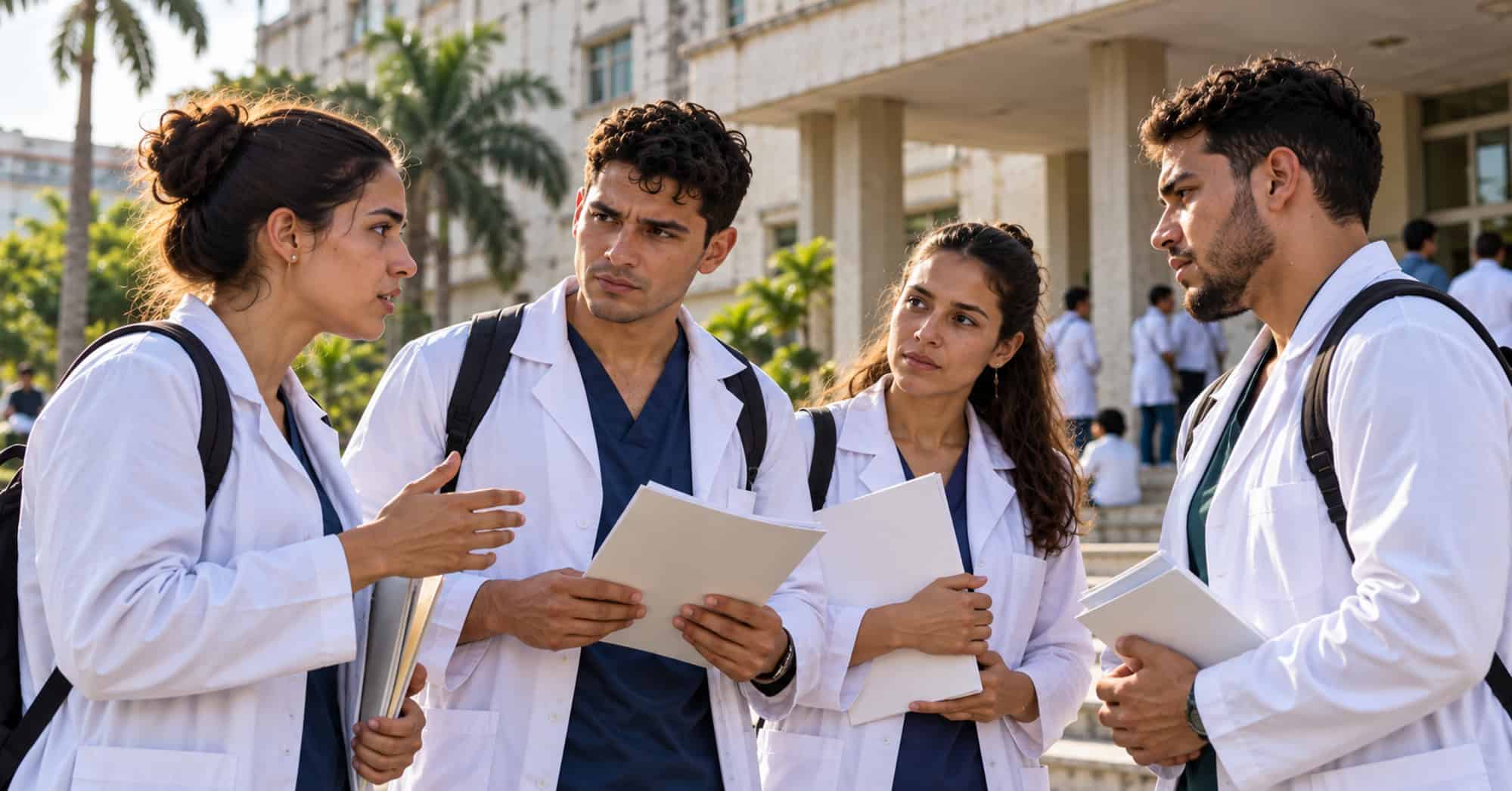 Jóvenes profesionales de la salud cubanos conversan con documentos frente a una institución sanitaria.