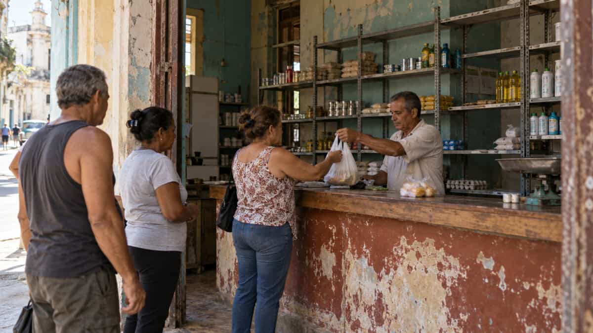 Compradores frente al mostrador de un comercio de barrio cubano con alimentos y productos básicos en estantes parcialmente vacíos.