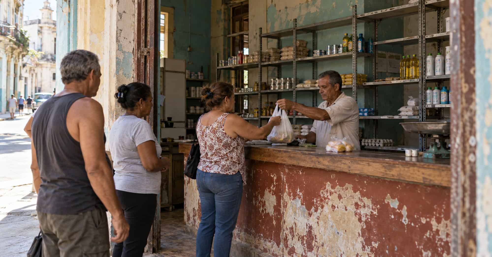 Compradores frente al mostrador de un comercio de barrio cubano con alimentos y productos básicos en estantes parcialmente vacíos.