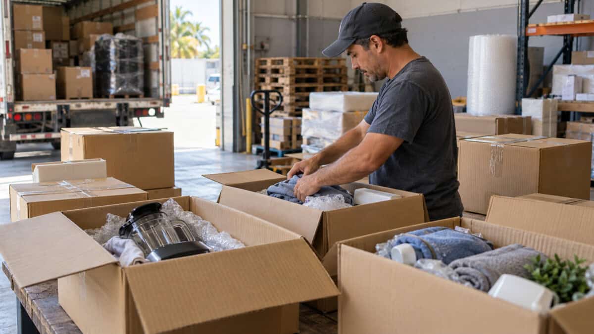 Trabajador organiza cajas con ropa, artículos domésticos y pequeños electrodomésticos en una zona de carga y paquetería.