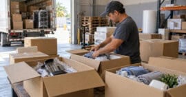 Trabajador organiza cajas con ropa, artículos domésticos y pequeños electrodomésticos en una zona de carga y paquetería.