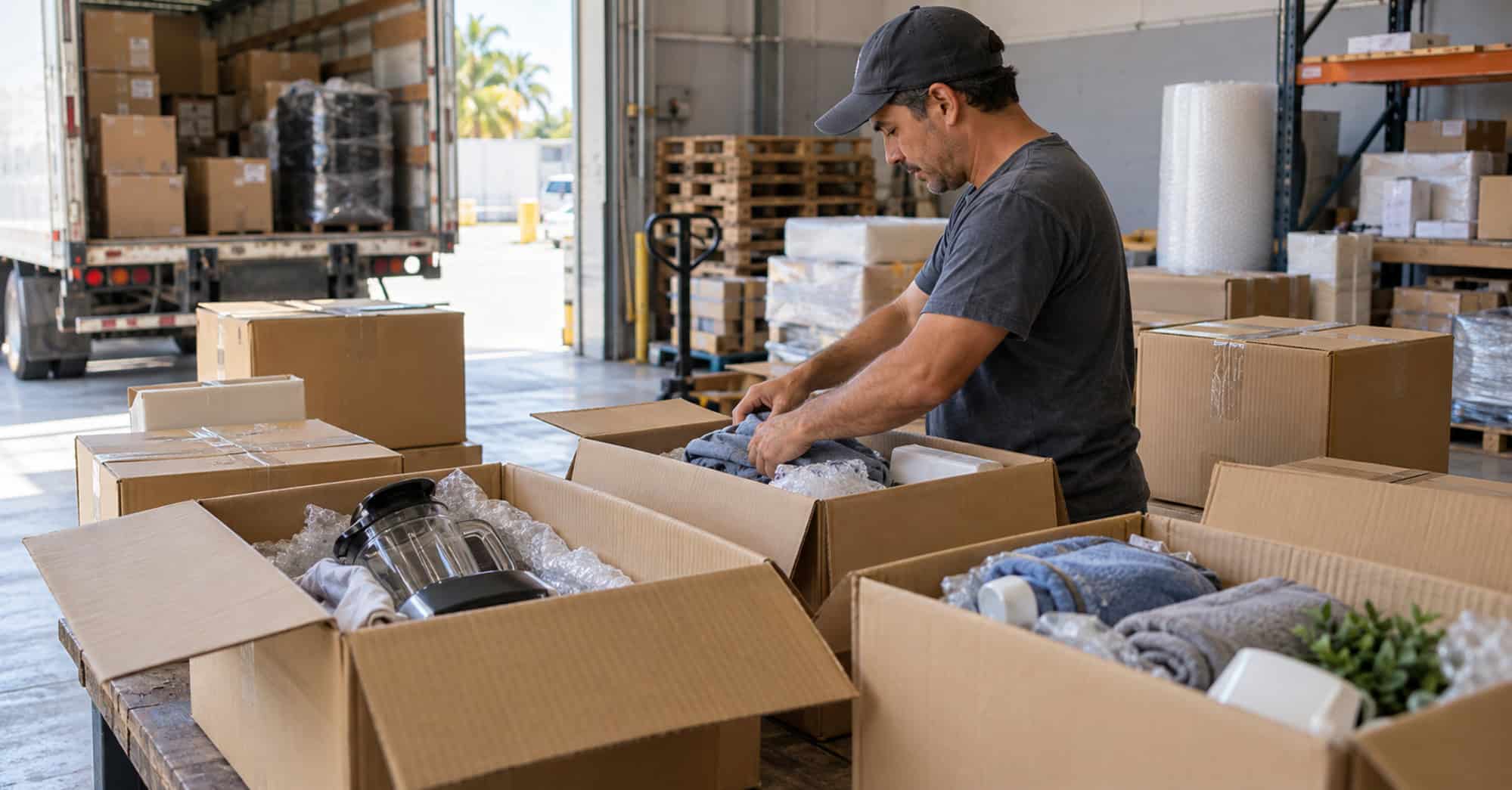 Trabajador organiza cajas con ropa, artículos domésticos y pequeños electrodomésticos en una zona de carga y paquetería.