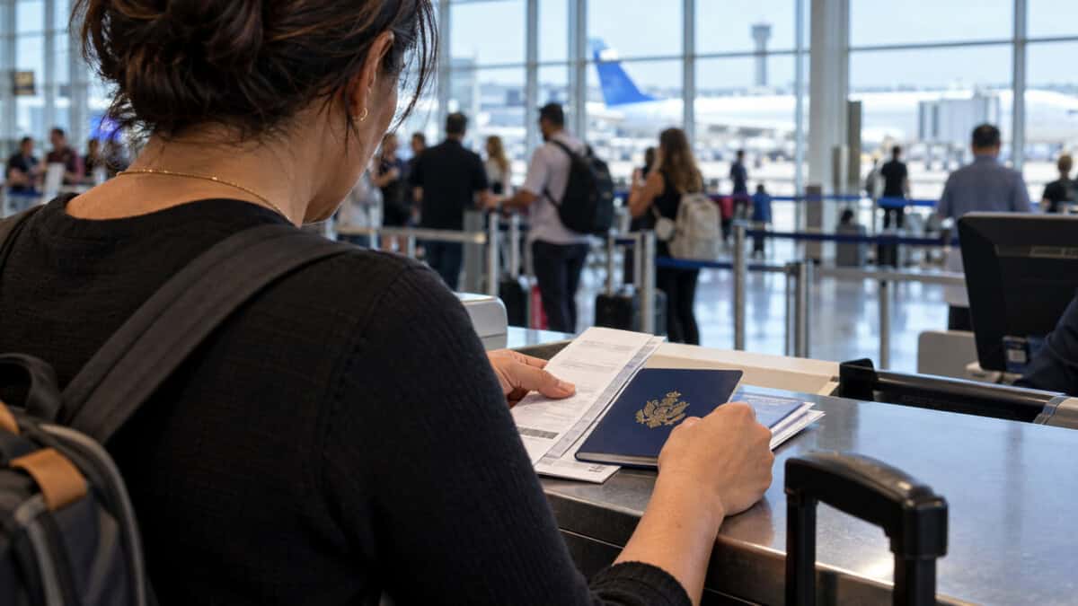 Persona de espaldas revisa un pasaporte cubano y documentos de viaje en un mostrador de aeropuerto.