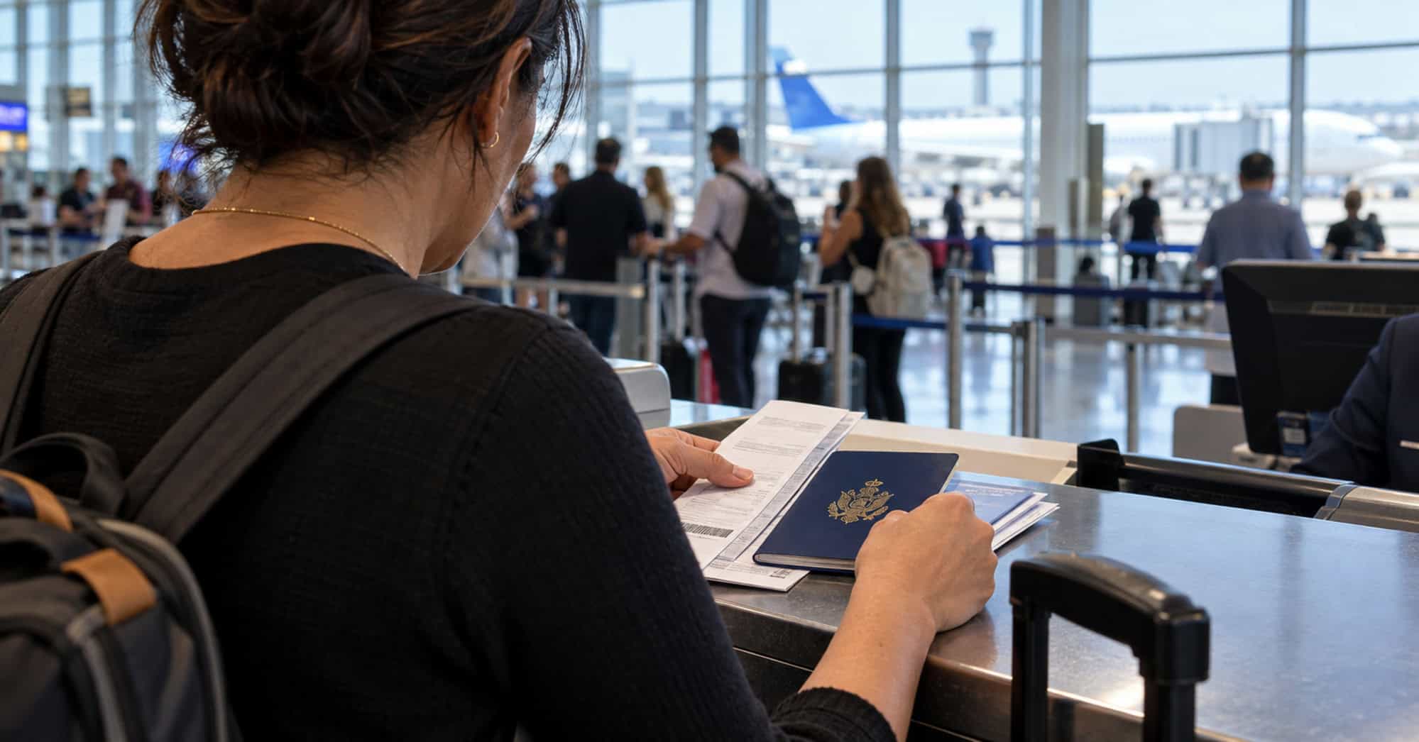 Persona de espaldas revisa un pasaporte cubano y documentos de viaje en un mostrador de aeropuerto.