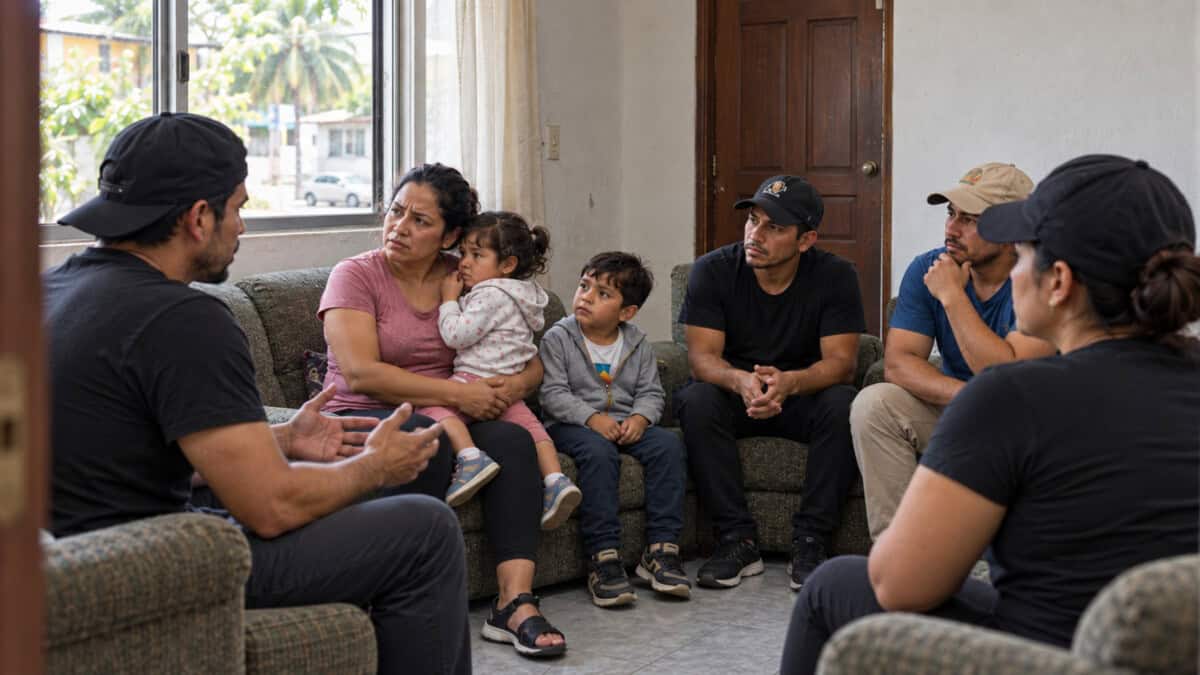 Grupo de adultos y dos niños sentados conversando en la sala de un hospedaje, en una recreación ambientada en Tapachula, México.