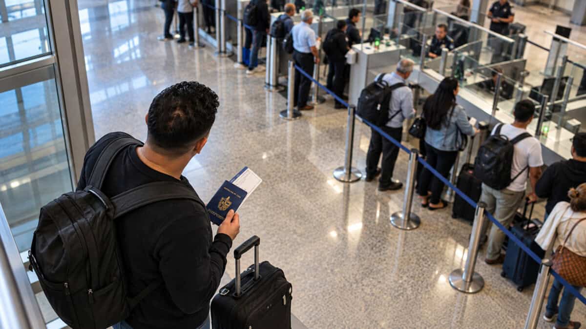 Viajero con pasaporte cubano y maleta observa la zona de control migratorio de un aeropuerto.