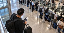 Viajero con pasaporte cubano y maleta observa la zona de control migratorio de un aeropuerto.