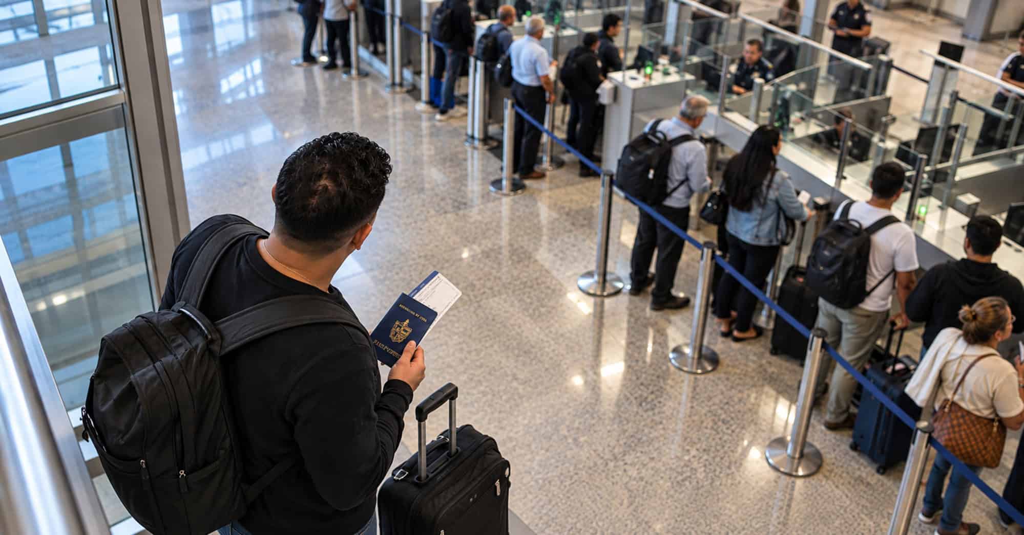 Viajero con pasaporte cubano y maleta observa la zona de control migratorio de un aeropuerto.