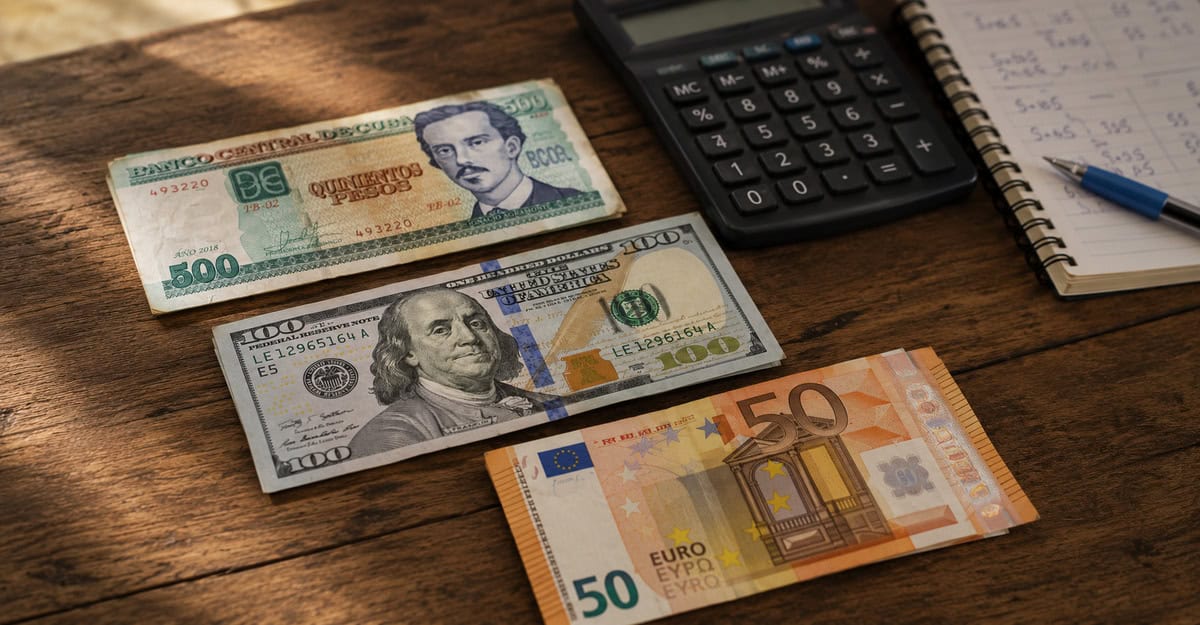 Persona comparando billetes de pesos cubanos, dólares estadounidenses y euros sobre una mesa para decidir en qué moneda ahorrar.