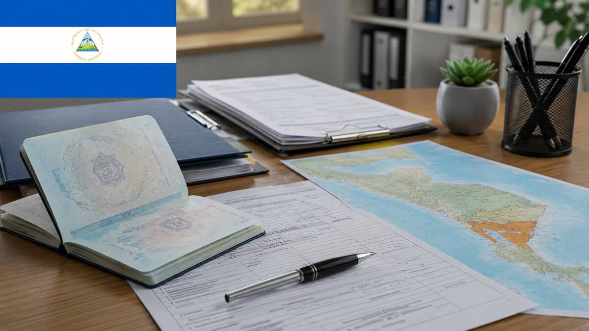 Pasaporte cubano abierto junto a formularios de visa, documentos organizados, un mapa de Centroamérica con Nicaragua resaltada y una bandera de Nicaragua en un escritorio.