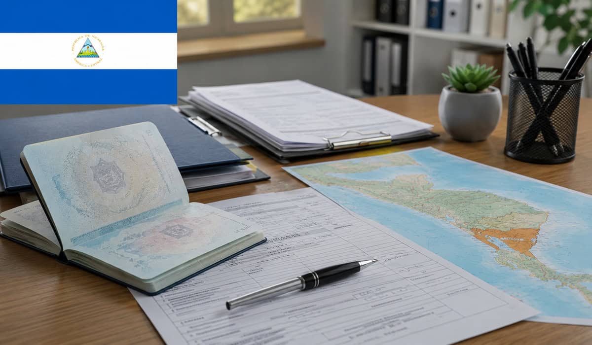 Pasaporte cubano abierto junto a formularios de visa, documentos organizados, un mapa de Centroamérica con Nicaragua resaltada y una bandera de Nicaragua en un escritorio.