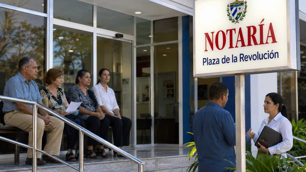 Exterior de la Notaría Plaza de la Revolución en Cuba con ciudadanos esperando atención y cartel identificativo del edificio.