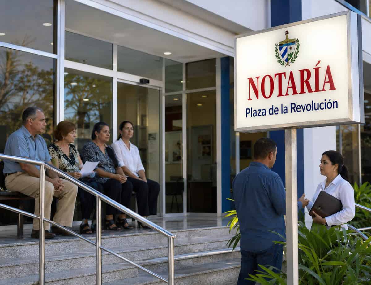 Exterior de la Notaría Plaza de la Revolución en Cuba con ciudadanos esperando atención y cartel identificativo del edificio.