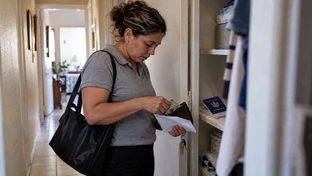 Mujer guarda dólares en un sobre en su vivienda, junto a un pasaporte cubano y una carpeta.