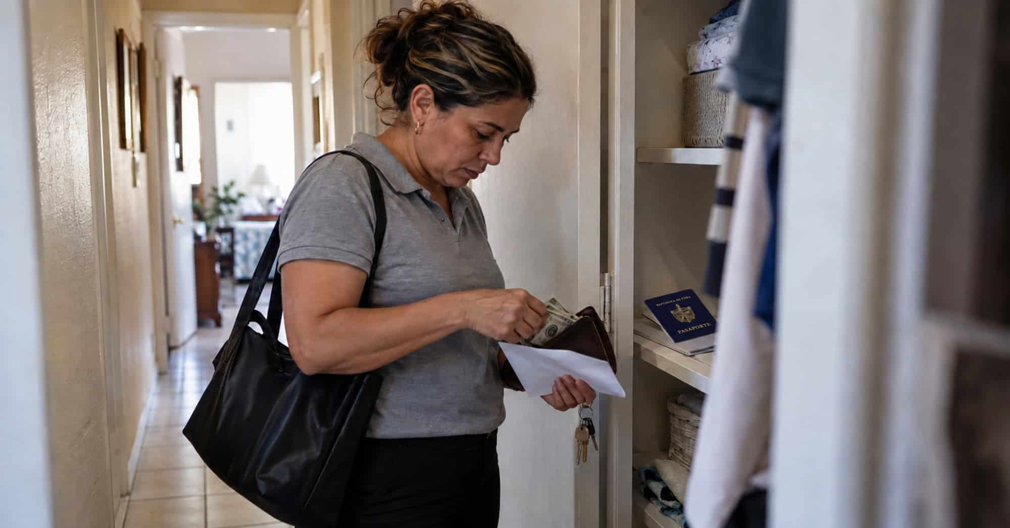 Mujer guarda dólares en un sobre en su vivienda, junto a un pasaporte cubano y una carpeta.
