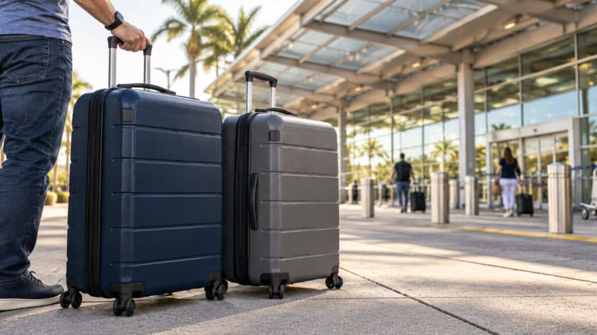 Viajero con dos maletas cerradas frente a la entrada de un aeropuerto, con dos personas desenfocadas al fondo.