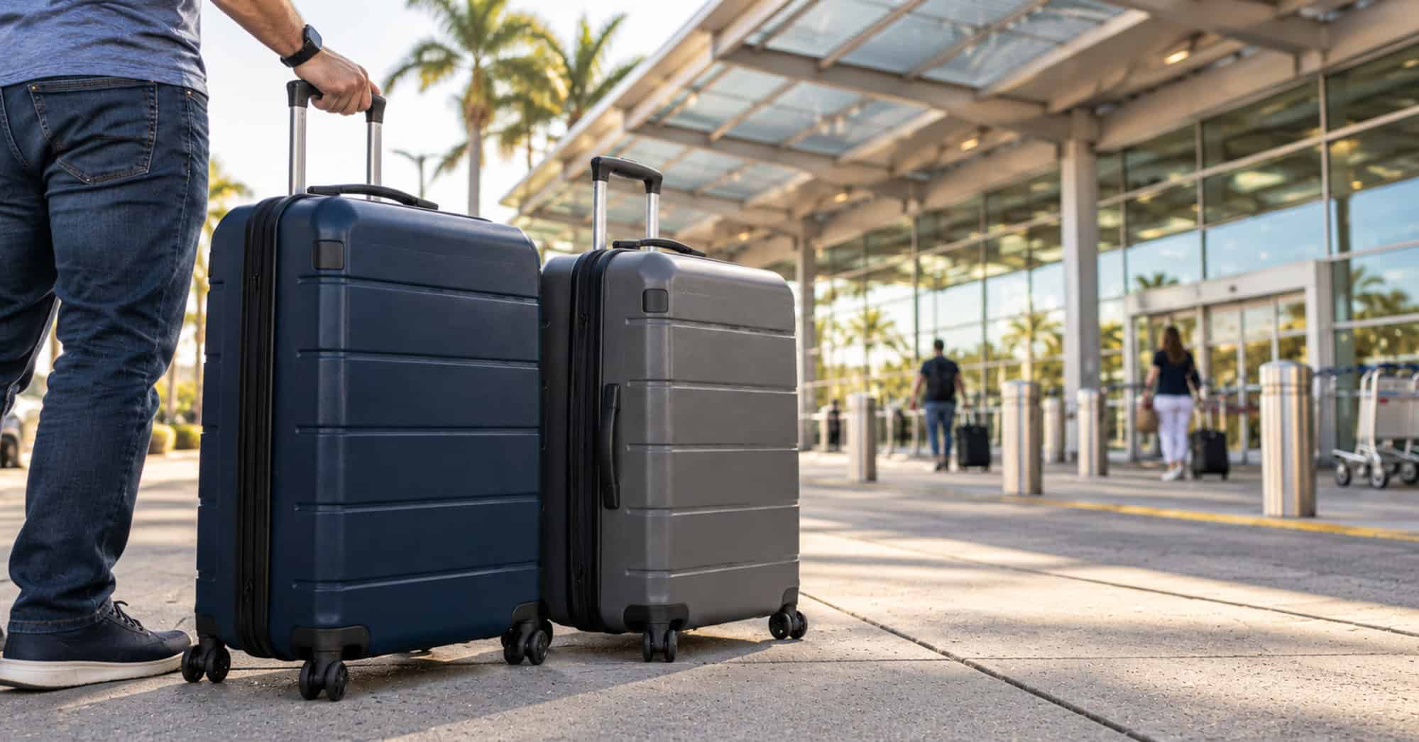 Viajero con dos maletas cerradas frente a la entrada de un aeropuerto, con dos personas desenfocadas al fondo.