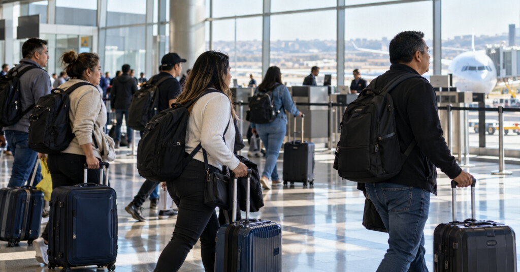 Viajeros adultos caminan con maletas y mochilas por una terminal de aeropuerto, con un avión visible al fondo.