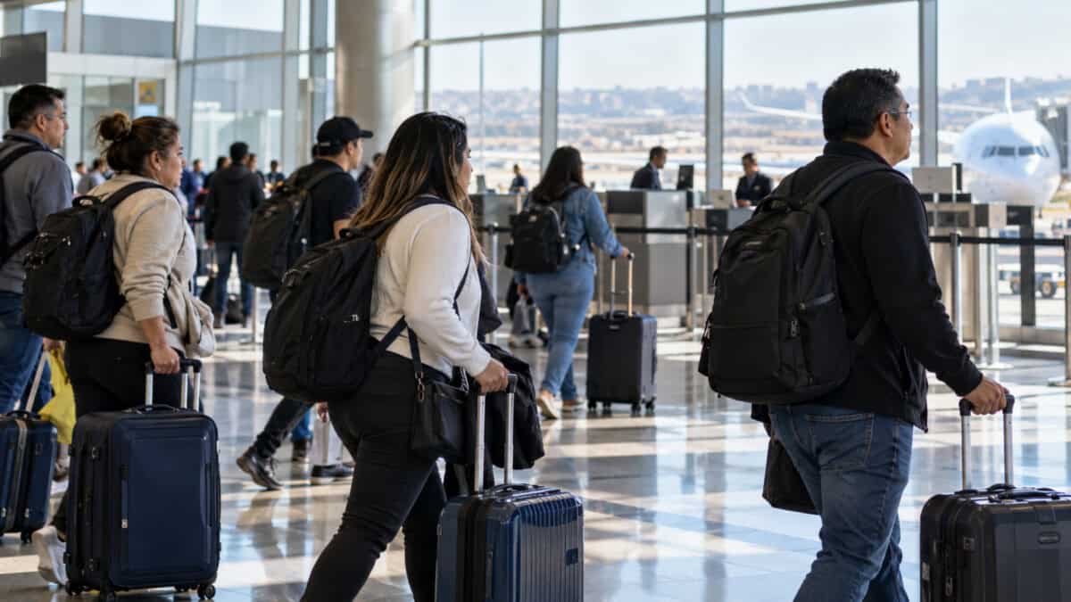 Viajeros adultos caminan con maletas y mochilas por una terminal de aeropuerto, con un avión visible al fondo.