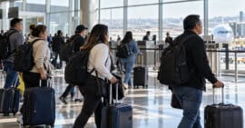 Viajeros adultos caminan con maletas y mochilas por una terminal de aeropuerto, con un avión visible al fondo.