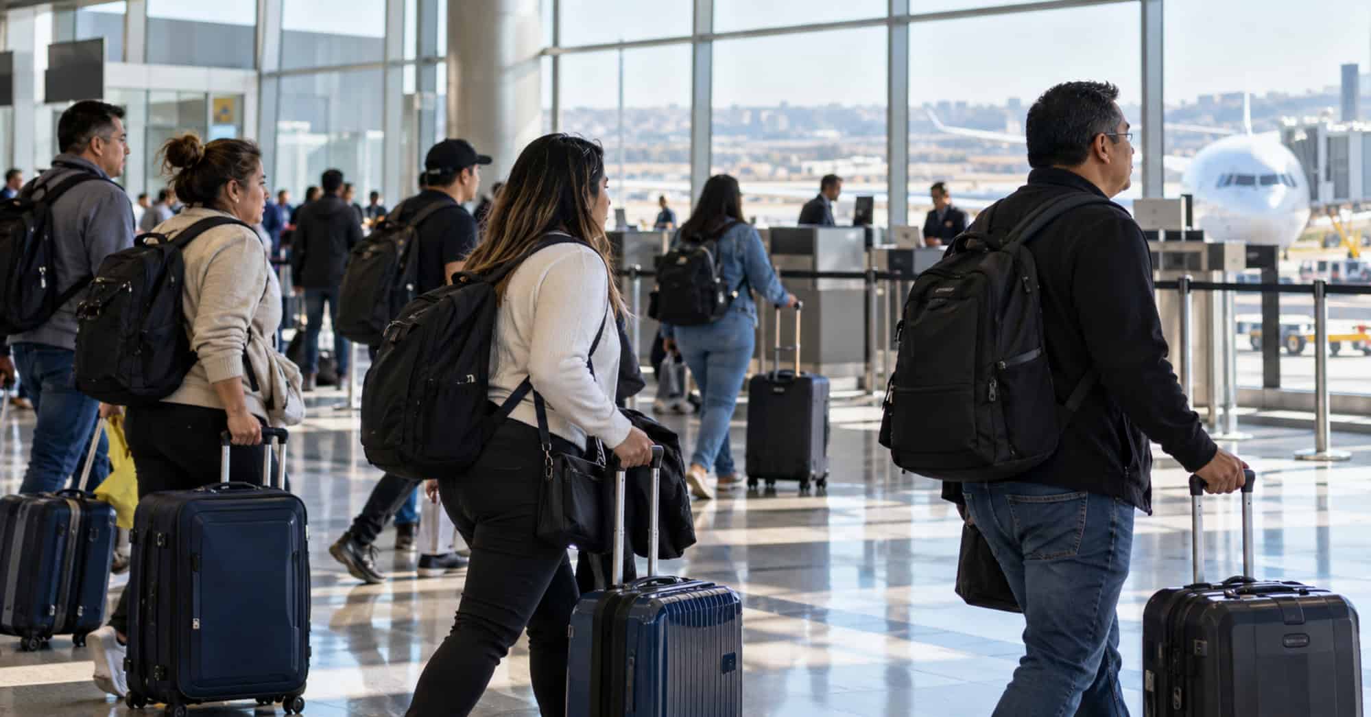 Viajeros adultos caminan con maletas y mochilas por una terminal de aeropuerto, con un avión visible al fondo.