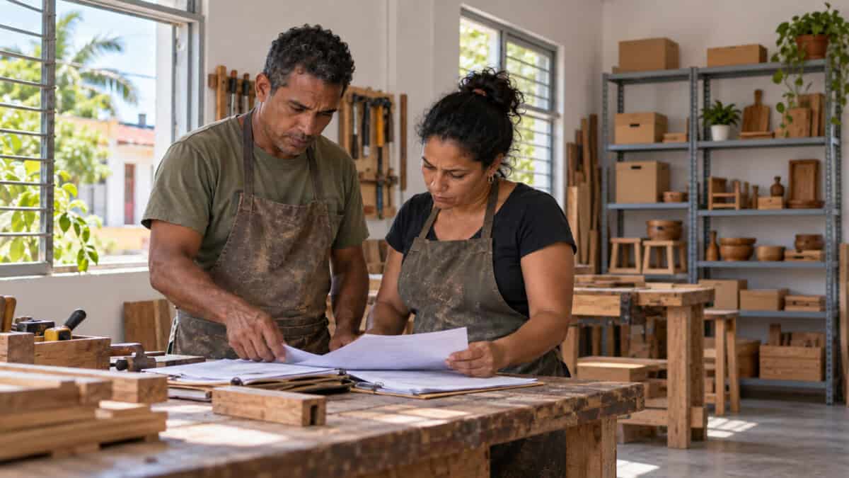 Dos trabajadores revisan documentos contables en un taller de carpintería, con productos de madera y materiales al fondo.