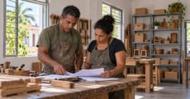 Dos trabajadores revisan documentos contables en un taller de carpintería, con productos de madera y materiales al fondo.