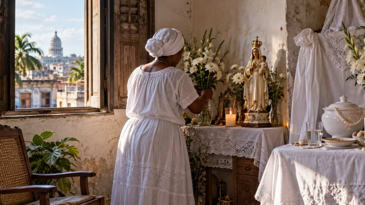 Mujer vestida de blanco coloca flores ante espacios devocionales en un hogar cubano.