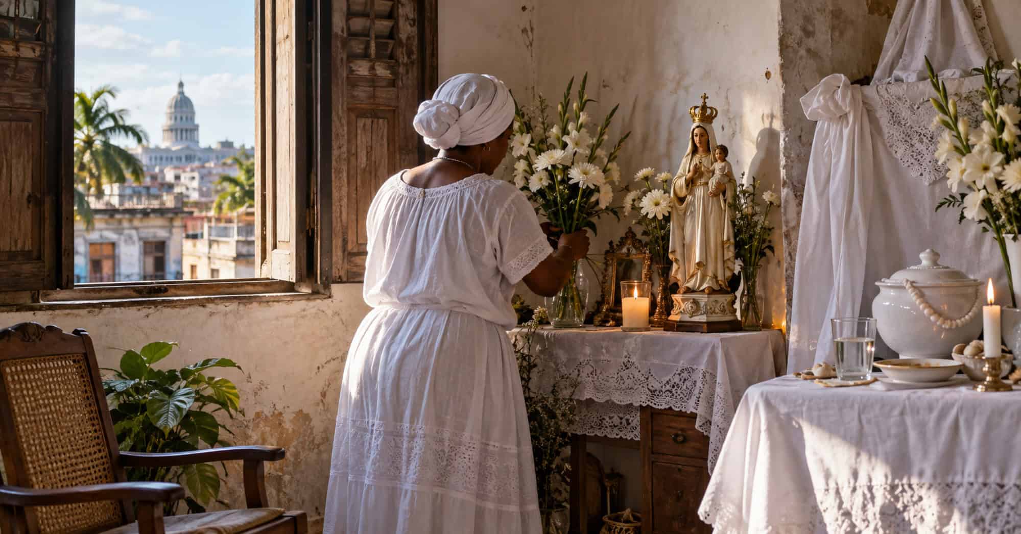 Mujer vestida de blanco coloca flores ante espacios devocionales en un hogar cubano.