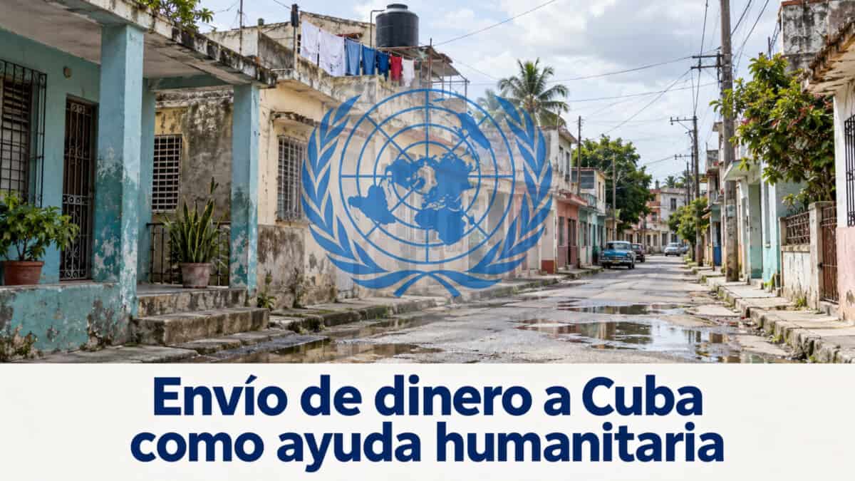 Ilustración de un barrio cubano con el emblema de la ONU y el texto «Envío de dinero a Cuba como ayuda humanitaria».