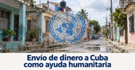 Ilustración de un barrio cubano con el emblema de la ONU y el texto «Envío de dinero a Cuba como ayuda humanitaria».
