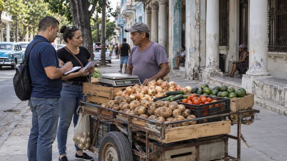Recreación de dos inspectores conversando con un vendedor junto a una carretilla de productos agrícolas en El Vedado, La Habana.