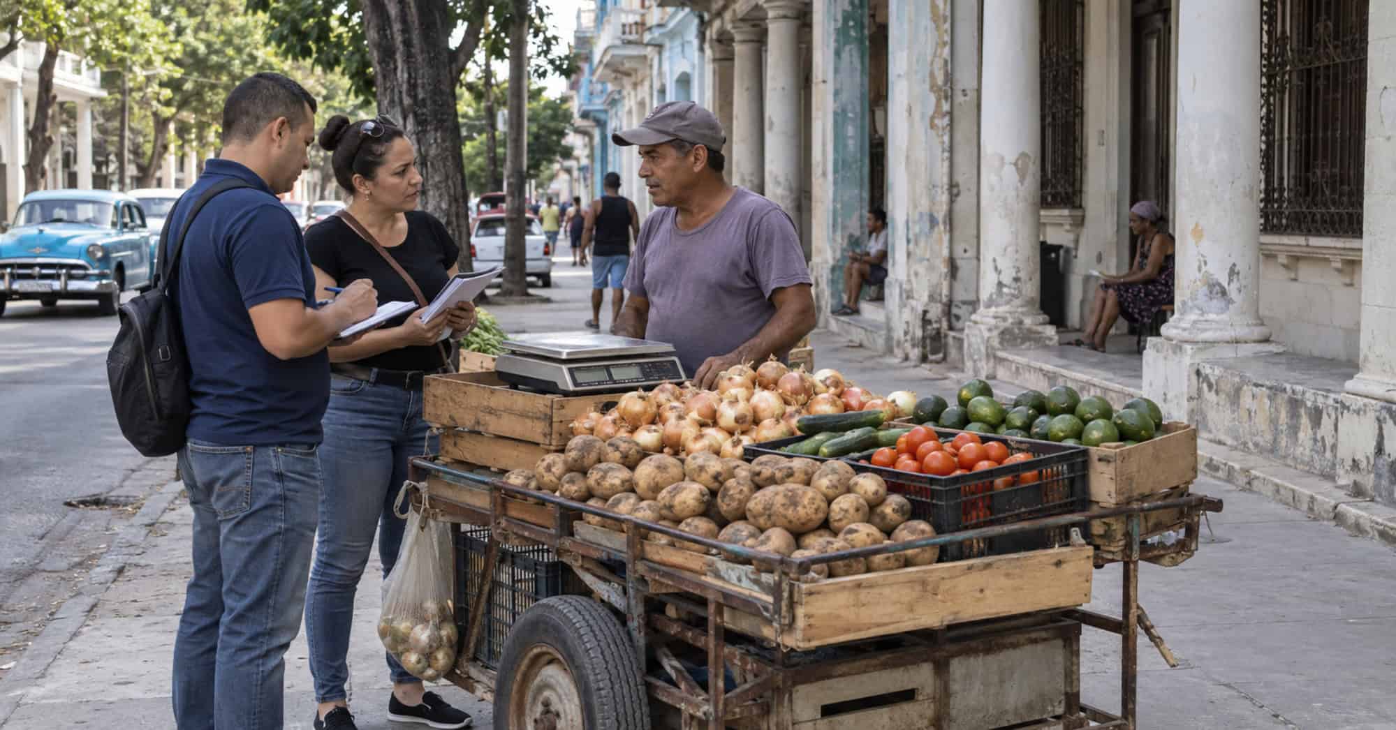 Recreación de dos inspectores conversando con un vendedor junto a una carretilla de productos agrícolas en El Vedado, La Habana.