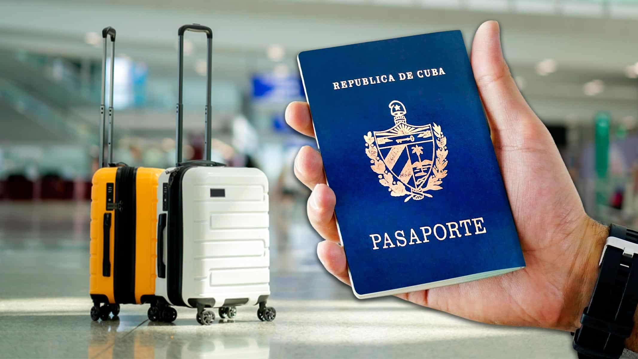 Pasaporte cubano en primer plano con maletas en aeropuerto: países sin visa para cubanos en 2025