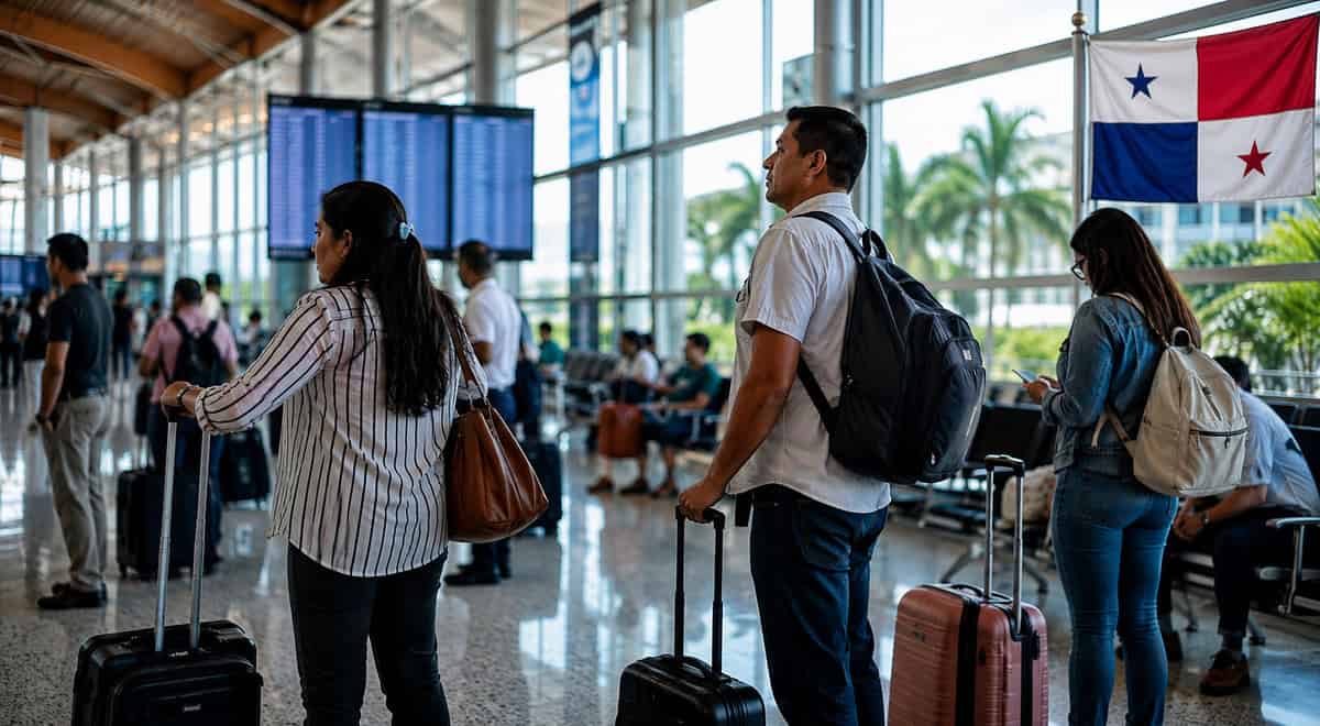 Viajeros latinoamericanos con equipaje de mano esperando una conexión aérea en una terminal internacional de Panamá