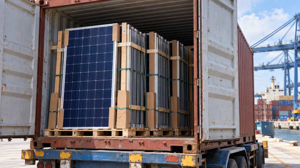 Contenedor abierto con paneles solares embalados sobre palés y preparados para su transporte en un entorno portuario.
