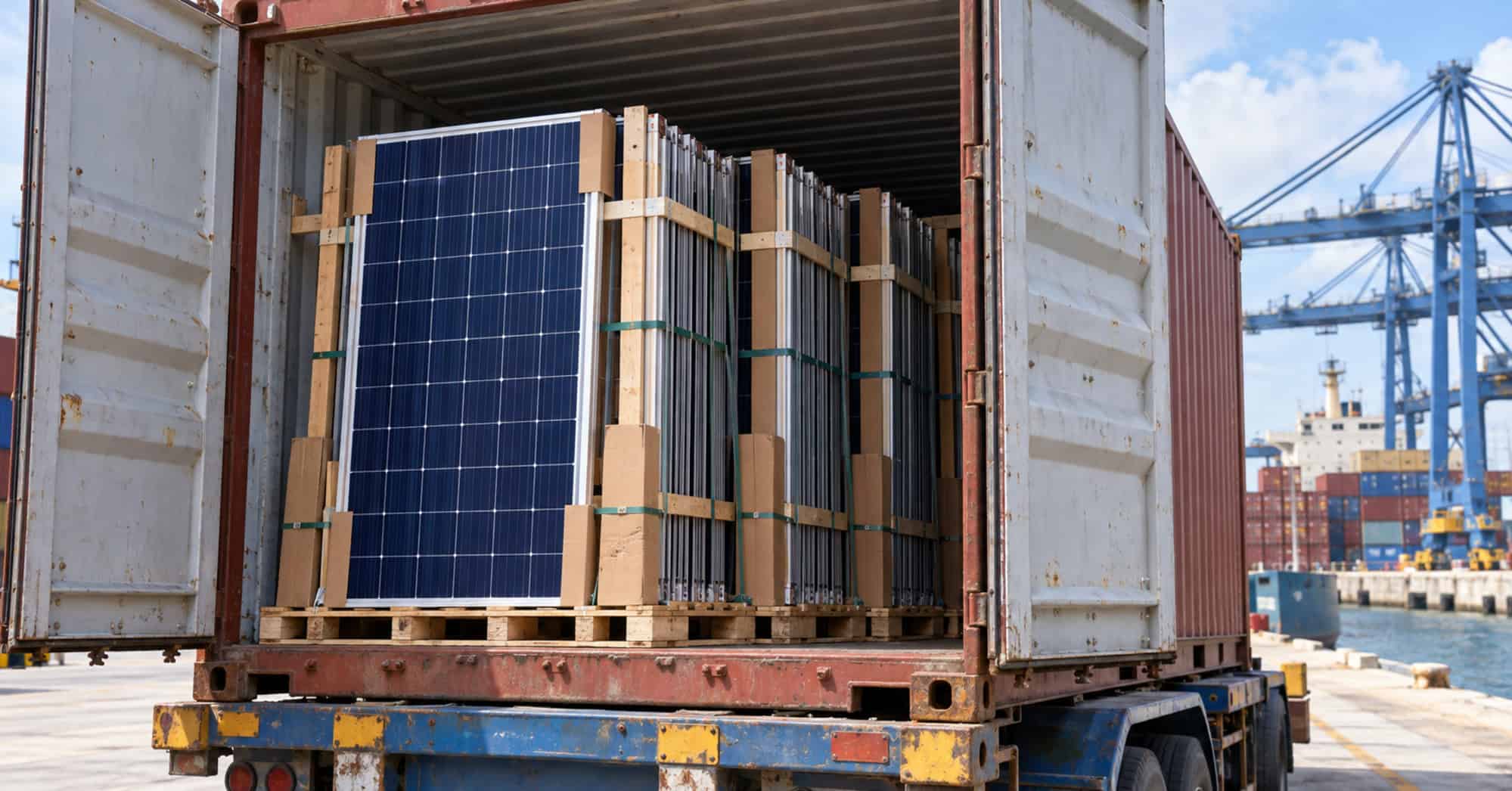 Contenedor abierto con paneles solares embalados sobre palés y preparados para su transporte en un entorno portuario.