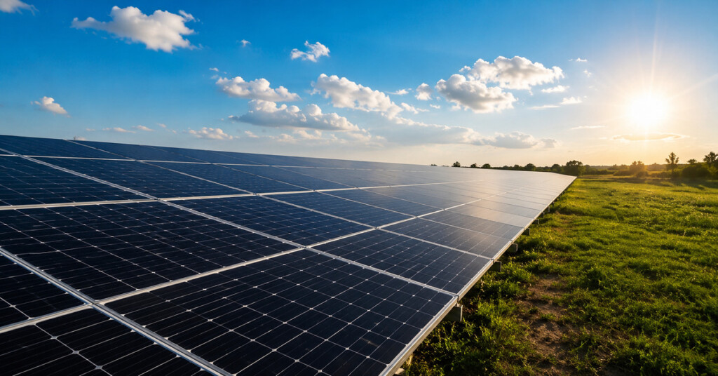 Vista panorámica de un parque solar con paneles fotovoltaicos alineados sobre un terreno abierto bajo un cielo parcialmente nublado.