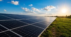 Vista panorámica de un parque solar con paneles fotovoltaicos alineados sobre un terreno abierto bajo un cielo parcialmente nublado.
