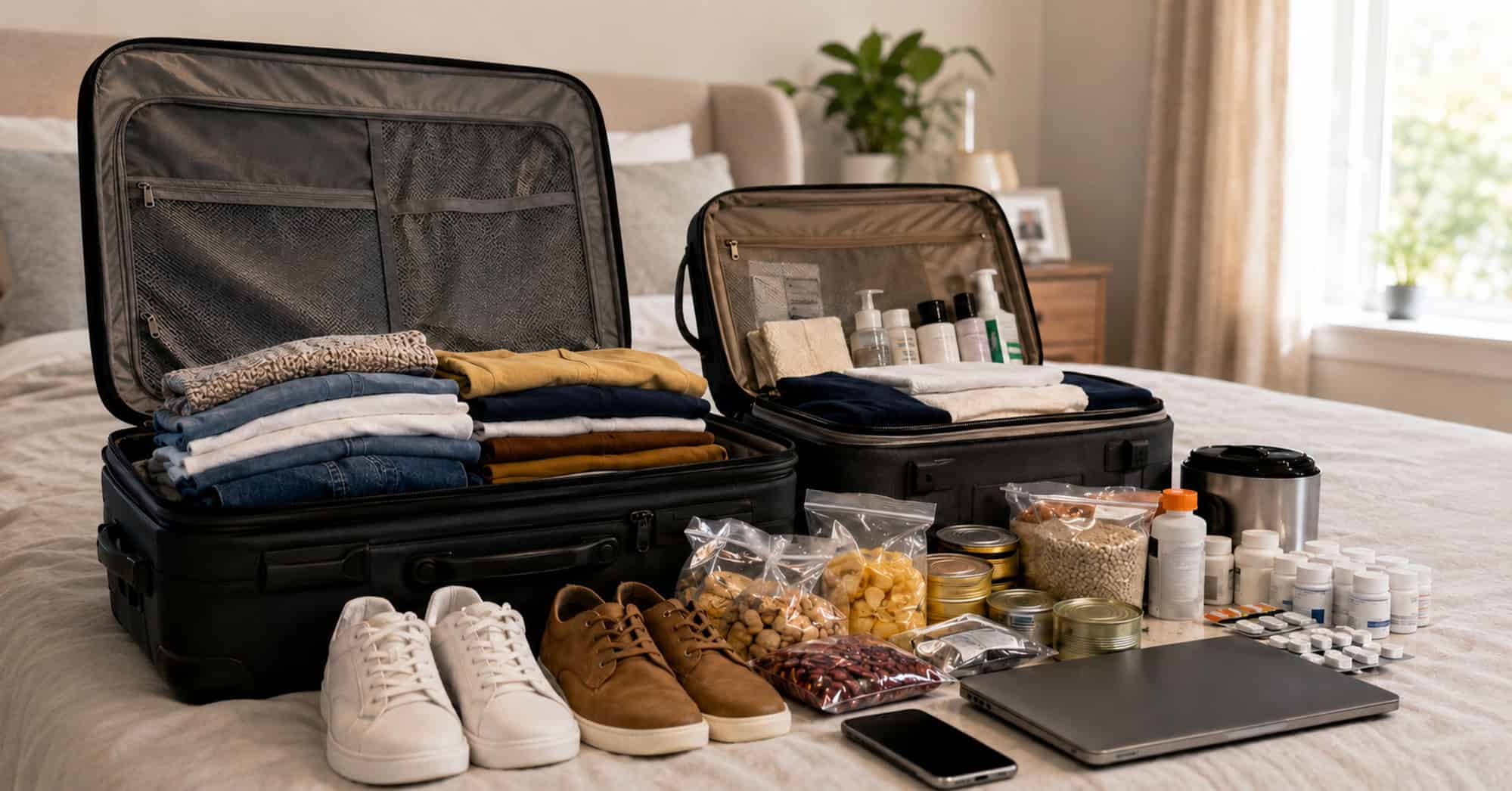 Maletas abiertas con alimentos, medicamentos, ropa, artículos de aseo y equipos para viajar a Cuba en 2026.