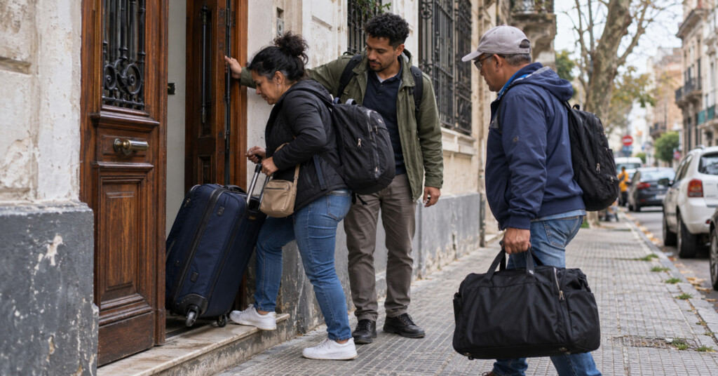 Tres adultos con maletas y mochilas entrando en una vivienda en una calle de Montevideo.