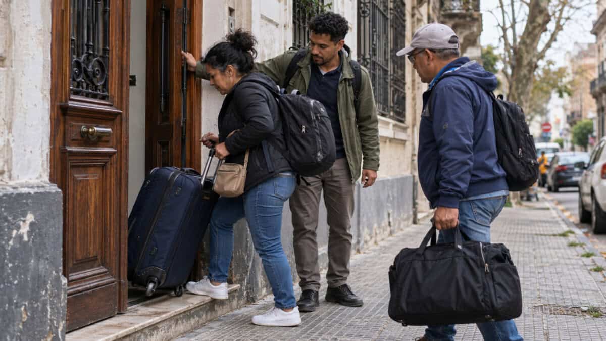 Tres adultos con maletas y mochilas entrando en una vivienda en una calle de Montevideo.
