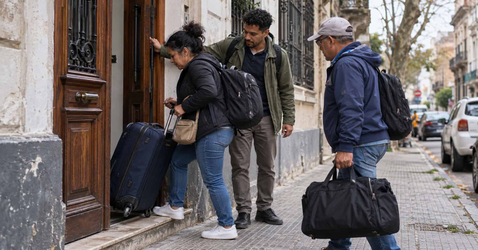 Tres adultos con maletas y mochilas entrando en una vivienda en una calle de Montevideo.
