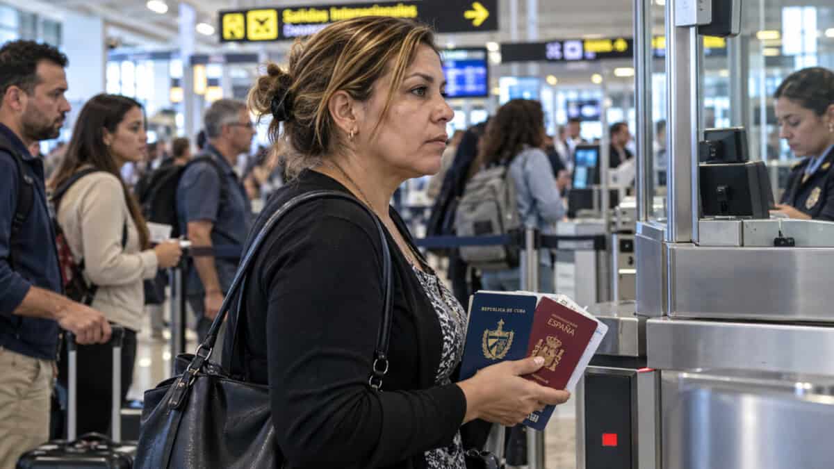 Mujer sostiene pasaportes cubano y español mientras espera en una fila de control migratorio.