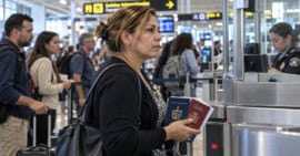 Mujer sostiene pasaportes cubano y español mientras espera en una fila de control migratorio.
